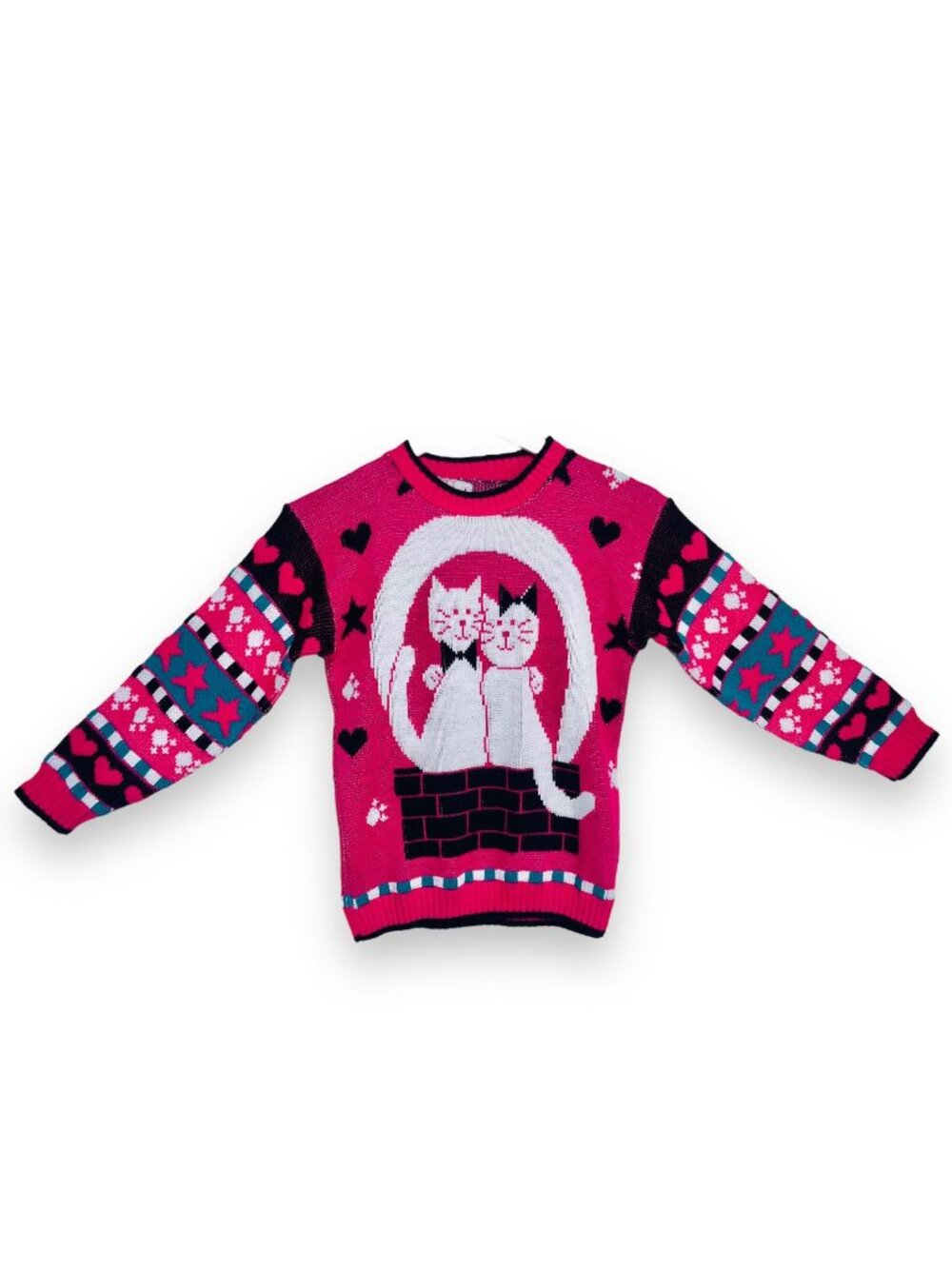 Vintage Pink Purple Kitty Cat + Hearts Pullover Knit Ugly Sweater Top 8 - 10